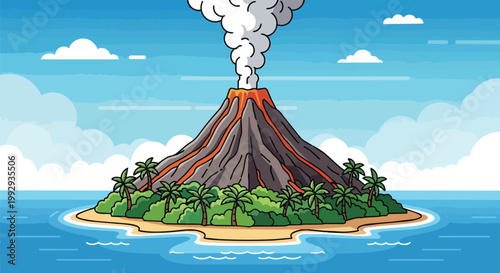 Active Volcano Erupting on a Tropical Island Landscape with Lava Flow and Palm Trees Vector Illustration