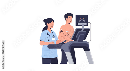 Cardiologist monitoring patient performing stress test on treadmill with ECG equipment