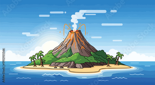 Flat Vector Illustration of an Erupting Volcano on a Tropical Island with Palm Trees and Ocean