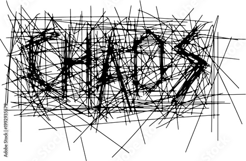 Fotografia A chaotic scene with the word CHAOS in black scribbles on a transparent backgrou