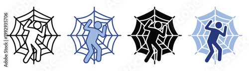 Human figure ensnared in a spider web icon collection, representing entrapment, danger, and vulnerability, suitable for warning signs, spooky themes, and digital displays.