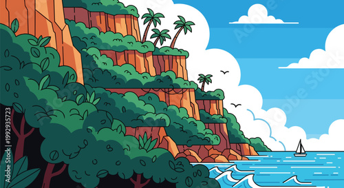 Tropical Coastal Landscape with Lush Green Cliffs Blue Ocean and Sailboat Flat Vector Illustration