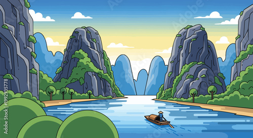 Scenic Landscape Illustration of a River Flowing Through Limestone Mountains with a Traditional Rowboat and Lush Greenery