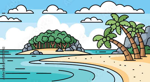 Tropical Island Paradise Landscape Illustration with Palm Trees, Sandy Beach and Ocean Waves. Flat Vector Cartoon Style Summer Vacation Scene.