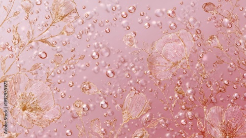Elegant pink floral background with water drops, romantic rose gold flower pattern with dew droplets, soft pastel botanical texture for wedding invitations