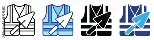 Safety vest and trowel icon set representing construction work and labor for building industry applications
