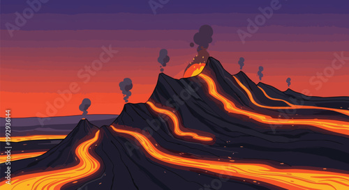 Dramatic Volcanic Eruption Landscape with Glowing Lava Flows and Smoke Clouds at Sunset Vector Illustration