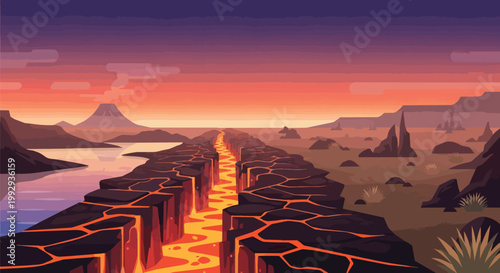 Volcanic Landscape with Glowing Lava Flow and Erupting Volcano at Sunset Vector Illustration