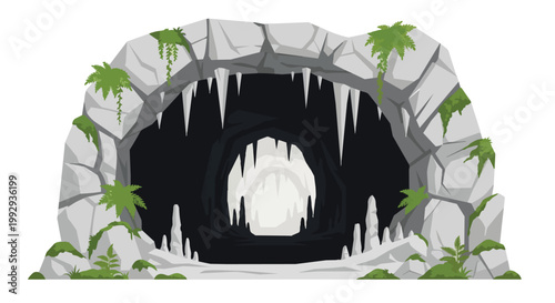 Cartoon Cave Entrance Illustration with Stalactites Stalagmites and Green Moss on Rocky Stone Arch