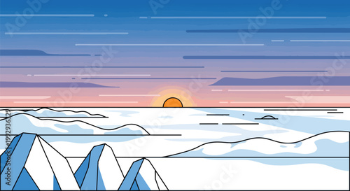 Minimalist Flat Vector Illustration of Arctic Winter Landscape Featuring Snowy Mountains and a Vibrant Sunset Over a Frozen Ocean Horizon