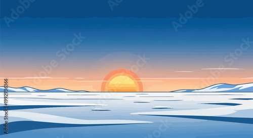 Flat Illustration of a Beautiful Sunrise over a Snowy Arctic Tundra Landscape with Distant Mountains and Colorful Sky
