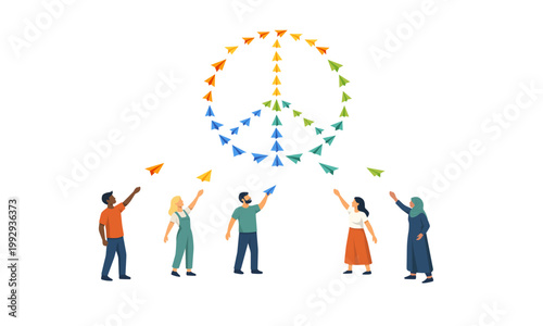 Group of multicultural people throwing colorful paper airplanes that create a peace symbol in the air, showing teamwork, shared action and connection between individuals.