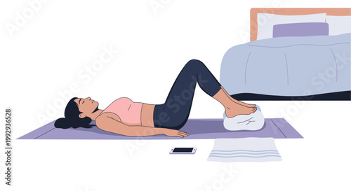 Woman exercising at home, lying on yoga mat, lifting hips with feet on exercise ball.