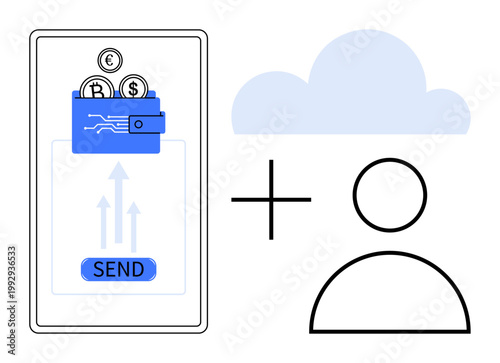 Digital payment, online banking, cloud storage, data synchronization, financial management, and user identity. Wallet with coins, cloud and user icon . Digital payment and online banking concept