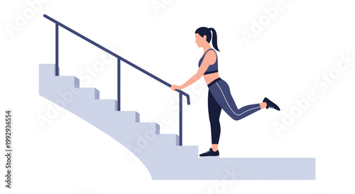Woman exercising on stairs, doing leg raises with handrail support