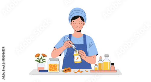 Woman making natural cosmetic oil with herbs and flowers, DIY skincare, aromatherapy