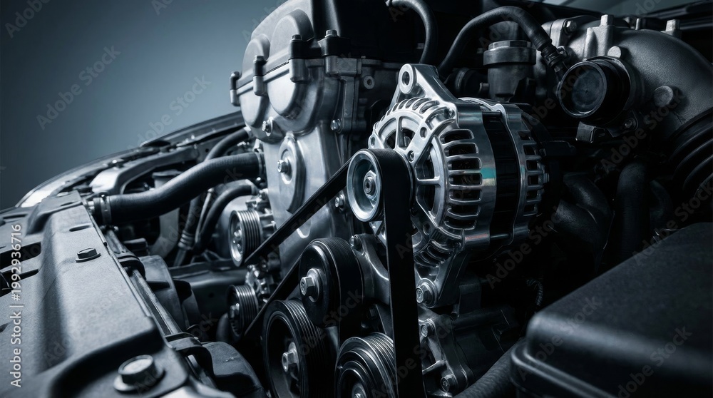 Fototapeta premium Modern car engine close-up with chrome alternator and serpentine belt system in professional automotive workshop with dramatic studio lighting and cool tones