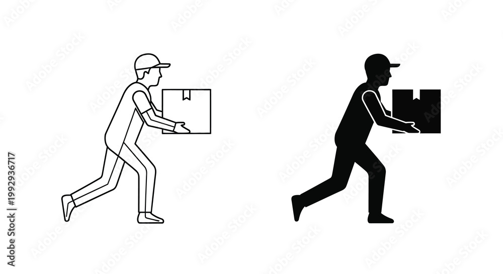 Fototapeta premium A simple black and white illustration depicts a delivery person carrying a rectangular package shown in two variations