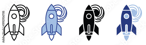 Rocket spacecraft icon with dynamic swirl motion indicating rapid growth and technological advancement for business projects