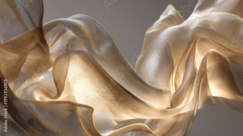Elegant flowing silk fabric in champagne gold, ethereal translucent wavy textile background, luxurious soft satin material with graceful curves