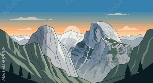 Scenic Mountain Valley Vector Illustration with Granite Peaks and Sunset Background