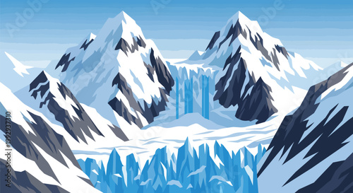 Stunning Winter Mountain Landscape with Snow-Capped Peaks and Glacial Ice Formations Vector Illustration