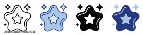 Wobbly star icon set with sparkling magic effect perfect for app buttons or kids game interfaces.