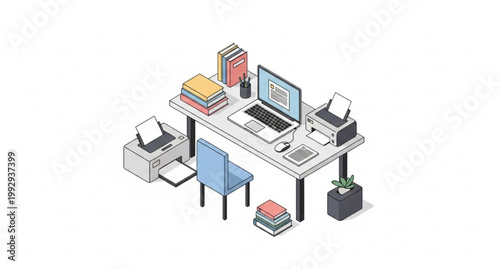 Isometric workplace vector with laptop printer and books online learning education business illustration