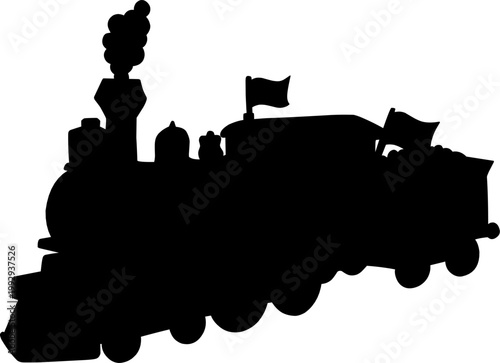 vintage train with smoke coming from the chimney and decorative flags, capturing the essence of the industrial revolution and early rail travel.