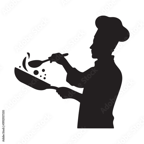 Silhouette of a chef stirring food in a frying pan