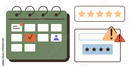 Task planning, productivity, warning signs, error detection, evaluations, user scheduling. A calendar, alerts star ratings and user icons are . Task planning and productivity concept