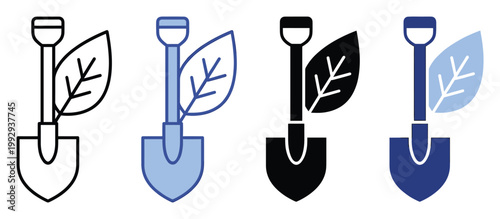 Shovel and plant leaf icon representing gardening, planting, and environmental sustainability applications