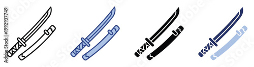 Japanese katana sword icons with scabbard in outline and solid styles for martial arts and gaming applications.