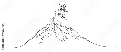 Dynamic continuous line drawing of snowboarder on mountain peak, ideal for extreme winter sports promotions