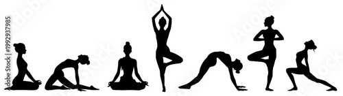 International Yoga Day Illustration - Set collection of black silhouette of women in different yoga posture, isolated on transparent background