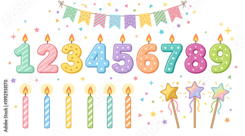 Colorful Birthday Candle Number and Party Decoration Vector Set