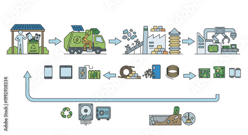 Electronics and battery recycling infographic in flat line art style showing e-waste recovery and circular manufacturing process without text