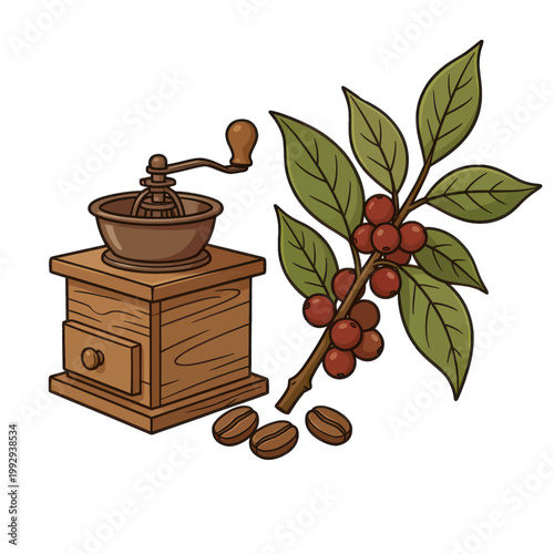 Coffee Grinder and Coffee Beans Branch Vector Illustration, Isolated Transparent Background for Beverage Branding or Cafe Design