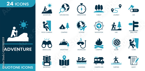 Adventure icon set. Exploration, adventure, camping, hiking, navigation, mountains, backpack, maps, surfing, campfire. Duotone vector icons.