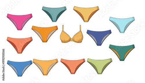 Collection of Colorful Bikini Bottoms and Top Vector Icons, Isolated Transparent Background for Web Design and App Interface
