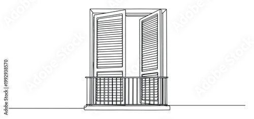Continuous line drawing of an open window with shutters and a balcony, perfect for architectural plans