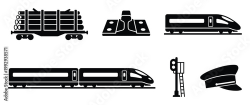Essential train transport icons illustrating a freight wagon passenger railcar track signal and conductor cap