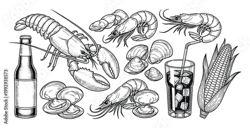 Classic engraving style seafood boil ingredients with lobster shrimp clams corn and drinks for menu and recipe book designs
