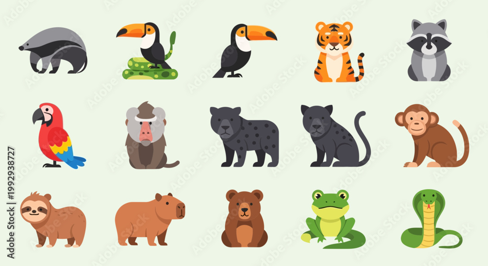 Fototapeta premium Set of Flat Vector Jungle and Wild Animal Illustrations