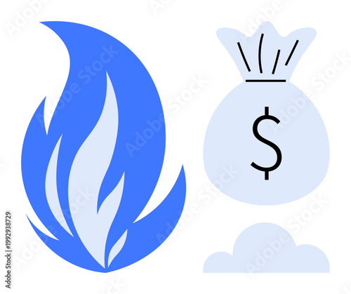 Financial stress, economic loss, budget crisis, monetary risk, investment challenges, debt issues. ion of blue flame near dollar money bag. Financial stress and economic loss concept