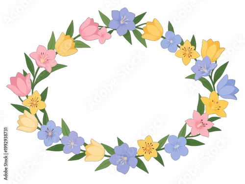 Colorful Floral Wreath Vector Illustration, Isolated Transparent Background for Spring Decoration and Design Projects