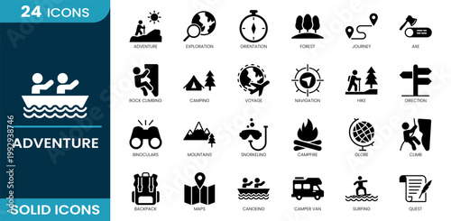 Adventure icon set. Adventure, exploration, camping, hiking, navigation, mountains, backpack, maps, surfing, campfire. Solid vector icons.