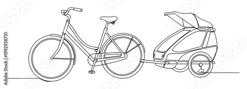 Line drawing of a bicycle pulling a child trailer, symbolizing family adventures and ecofriendly transport for everyday journeys