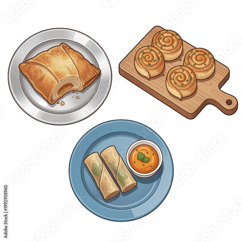 Golden Baked Pastries and Spring Rolls with Dipping Sauce, Isolated Vector Food Illustration for Restaurant Menu or Culinary Design