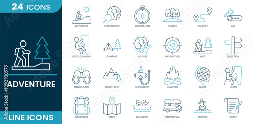Adventure icon set. Adventure, exploration, camping, hiking, navigation, mountains, backpack, maps, surfing, campfire. Line vector icons.